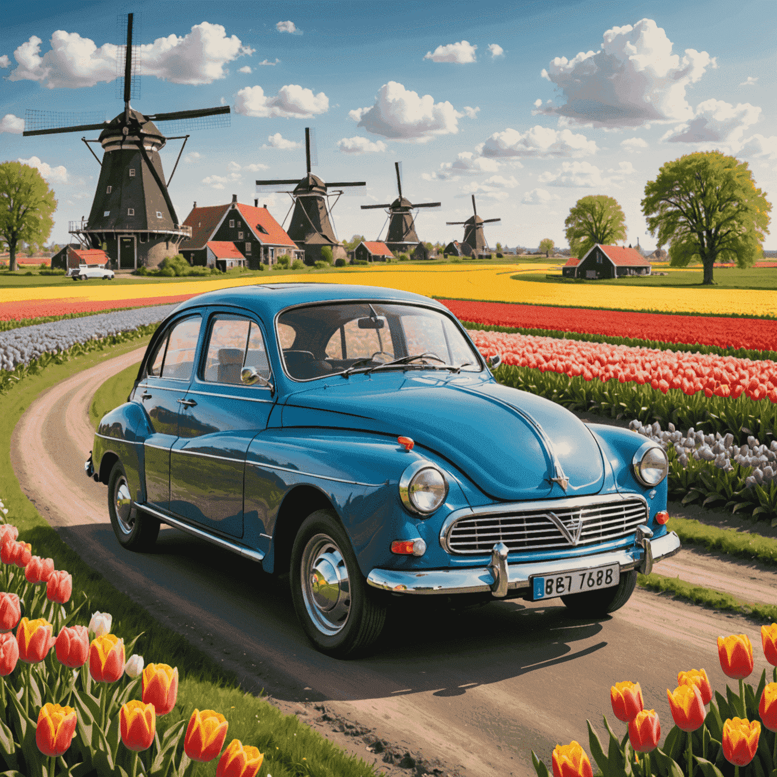 Een illustratie van een Nederlandse auto met een verzekeringspolis op de voorgrond, omringd door typisch Nederlandse landschapselementen zoals windmolens en tulpenvelden