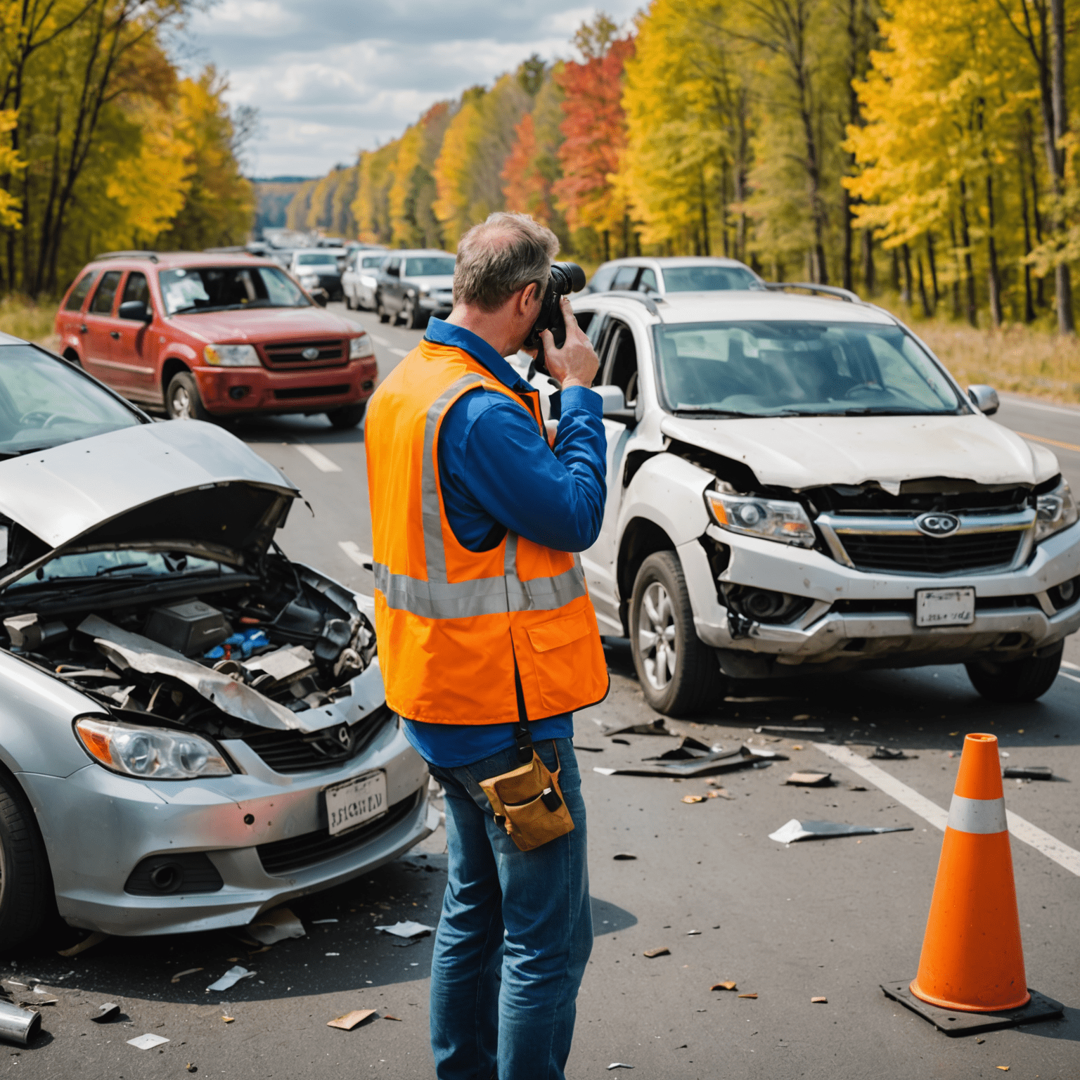 Een persoon die foto's maakt van een auto-ongeluk scene, waarbij zowel de beschadigde voertuigen als de omgeving in beeld worden gebracht. De fotograaf draagt een felgekleurd veiligheidsvest.