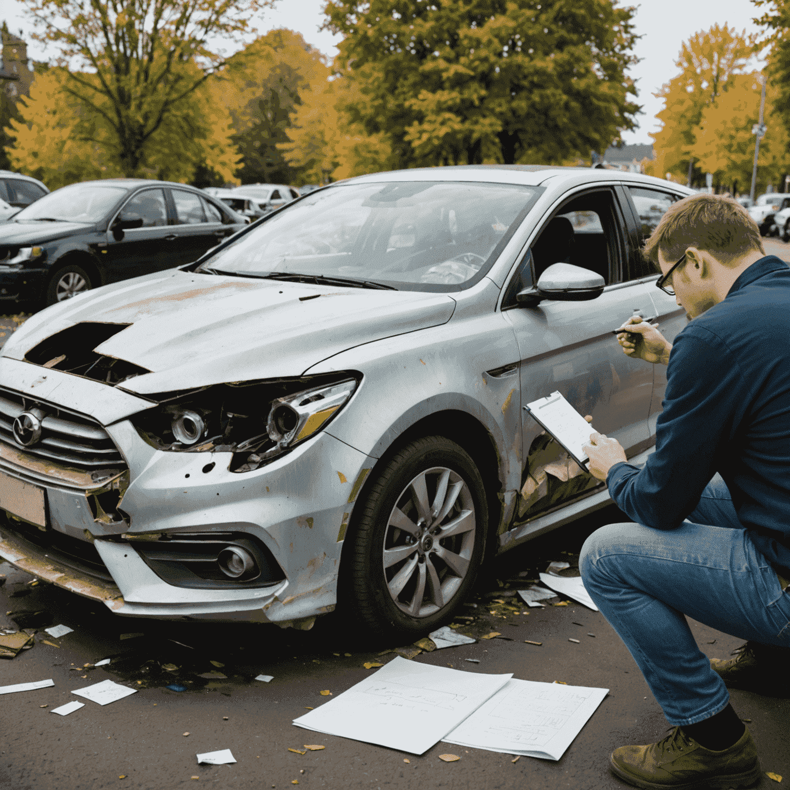 Een persoon die foto's maakt van schade aan een auto en notities maakt